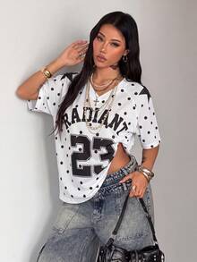 Coolane 女款春夏街頭風 Y2K 豹紋數字圖案美式足球球衣 V 領粉色 T-shirt - 黑與白 - 查看 3