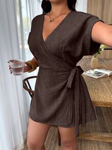 Weeklong Women's Plus Size Spring/Summer Casual Cinched Cinched Waist V-Neck Jumpsuit, Suitable For Daily And Vacation Wear - Brown - View 4