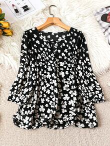 SHEIN LUNE Plus Size Romantic Vacation Floral Print Chiffon Mid-Length Blouse Date Night Black And White Autumn - Black - View 4