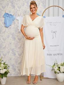 Loomaby Pregnant Women's Solid Color Crossed V-Neck Batwing Sleeve Elegant Dress,Gender Reveal Dress,Maternity Dress,Baby Shower Dress - Khaki - View 10