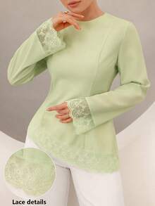 Graceveil Flare Sleeve Lace Patchwork Cinched Waist Asymmetrical Hem Blouse - Green - View 1