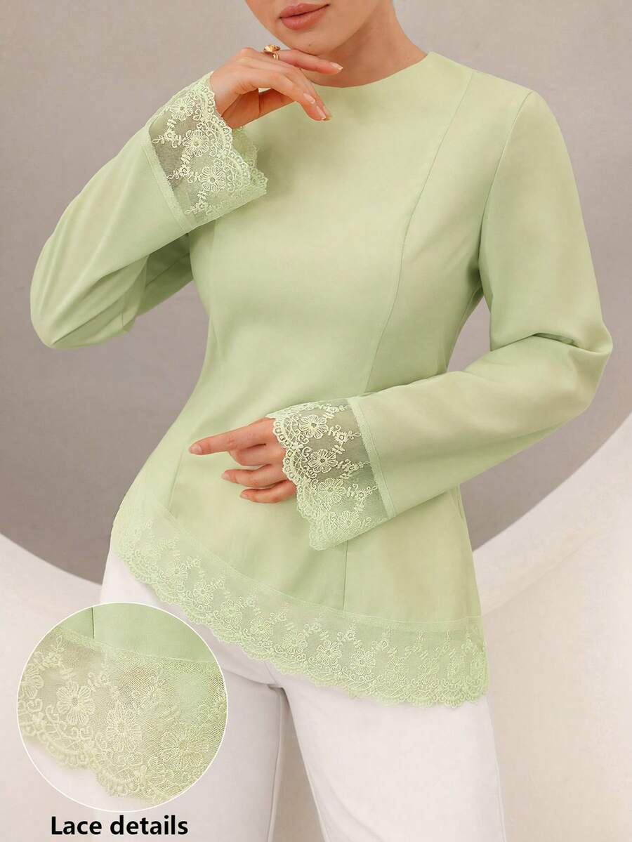 Graceveil Flare Sleeve Lace Patchwork Cinched Waist Asymmetrical Hem Blouse - Green - View 1