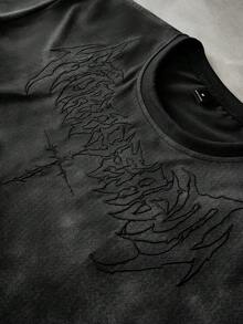 PAVTROS 男士街頭風熱銷深色圖案刺繡3D刺繡復古水洗T恤，送給朋友、男友、丈夫、週年紀念的禮物 - 黑色 - 查看 2