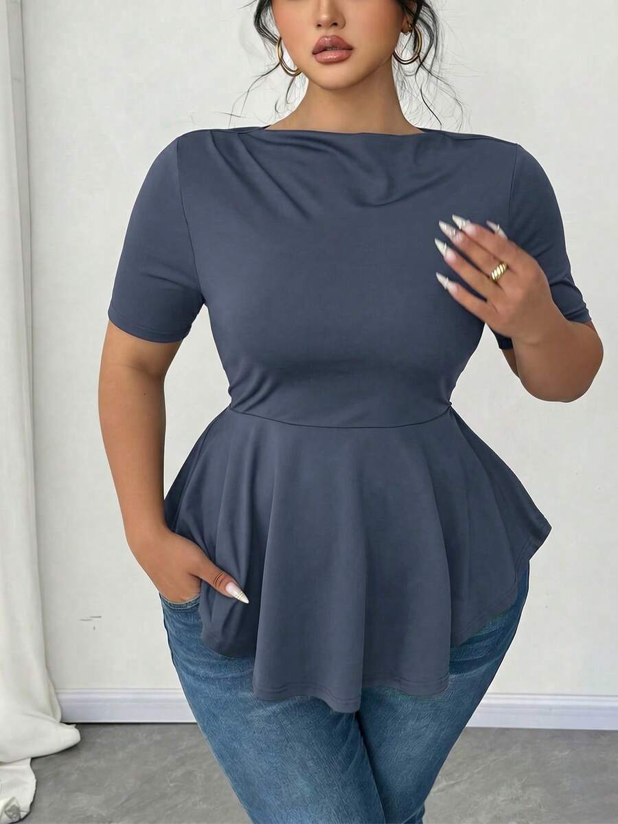 Elenzga Plus Size Women's Sexy Short Sleeve Casual/Office/Home/Outing Asymmetrical Hem Waist Fitted T-Shirt, Spring/Summer - Dusty Blue - View 1