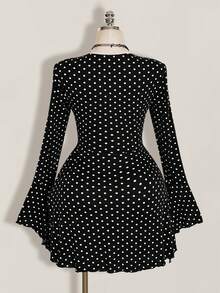 SHEIN ICON 女款大尺碼蕾絲拼接圓點圖案黑色洋裝 - 黑與白 - 查看 11