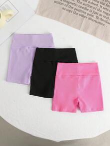 SHEIN Young Girl Sporty Sweet Cool Spring/Summer Knit Solid Color High Waist Shorts 3pcs Set - Multicolor - View 2