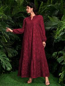 SHEIN Najma 女款阿拉伯風洋裝，平領、鈕扣裝飾、刺繡面料、燈籠長袖與喇叭裙 - 酒紅色 - 查看 7