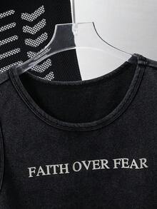 SHEIN 青少年男孩字母印花水洗短袖背心上衣，休閒舒適時尚百搭可愛柔軟，適合日常穿著、上學、外出、運動、節慶與派對 - 黑色 - 查看 6