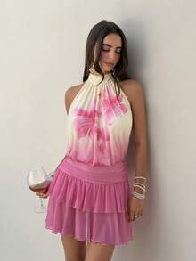 Aloruh Women's Sexy Tropical Elegant Halter Neck Ruched Flounce Hem Mini Dress Beach Vacation Beige Summer - Pink - View 6