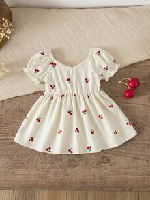 SHEIN Newborn Baby Girl Casual Cute Cherry Print Short Sleeve Dress - Multicolor - View 5