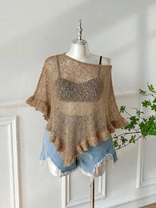 SHEIN EZwear Áo choàng Poncho móc len màu xanh ô liu, kiểu dáng rộng rãi thoải mái, cỡ lớn, có viền bèo nhún, thích hợp cho các buổi đi chơi và hẹn hò mùa hè, cỡ lớn. - Màu Khaki - Xem 5