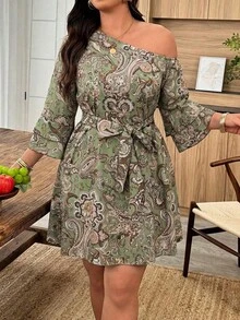 Weeklong Plus Size Women's Spring/Summer Asymmetric Neckline Cold Shoulder Bohemian Print Ruffle Sleeve Button-Up Waist Belt Tie A-Line Short Dress - Multicolor - View 4