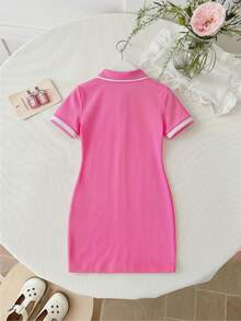SHEIN Vestido de punto casual de niña con patrón de corazón de unicolor - Rosa Fucsia - Ver 2