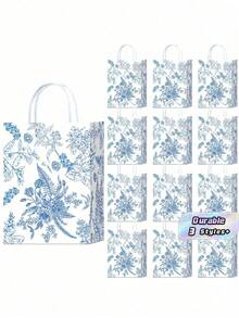 18/24/50 Elegant Blue And White Flower Pattern Gift Bag With Handle, Chinese Design, Embroidered With Flower Branch Decoration, Suitable For Wedding And Birthday Party Supplies - Specifications - View 1