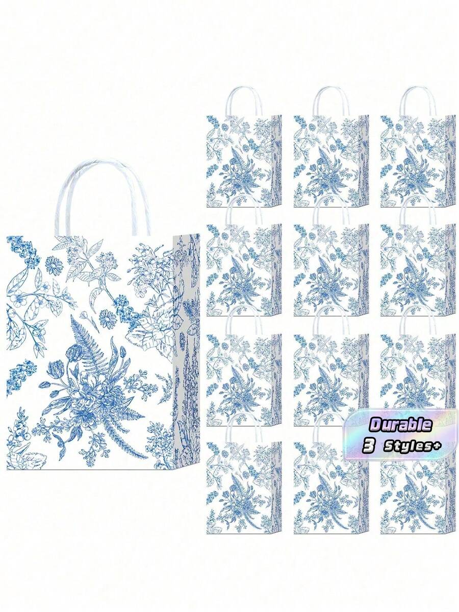 18/24/50 Elegant Blue And White Flower Pattern Gift Bag With Handle, Chinese Design, Embroidered With Flower Branch Decoration, Suitable For Wedding And Birthday Party Supplies - Specifications - View 1
