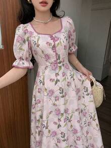 Modelyn 女款春夏季藍色水彩印花收腰A字版型布料鈕扣短袖優雅浪漫洋裝 - 粉色 - 查看 7
