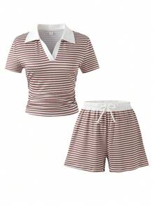 SHEIN Teen Girl Striped Color Block V-Neck Short Sleeve T-Shirt And Drawstring Waist Shorts Set - Multicolor - View 4