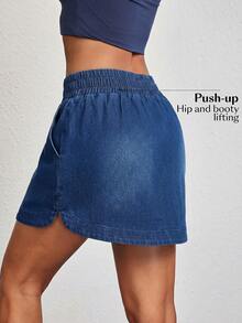 Flexra Women's Casual Washed Denim Mini Skirt, Summer Going Out Navy Blue - Blue - View 2