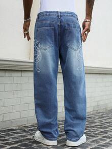 Manfinity Roghcode Men's Casual Washed Print Denim Jeans - Blue - View 2