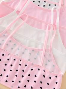 5 piezas/Set Camiseta interior corta de tirantes para niñas preadolescentes, dulce, con estampado de corazones en toda la prenda, simple, esencial y de moda - Multicolor - Ver 3