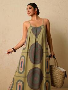 Travachic Plus Size Vacation Casual Striped Geometric Print Spaghetti Strap Dress - Multicolor - View 1