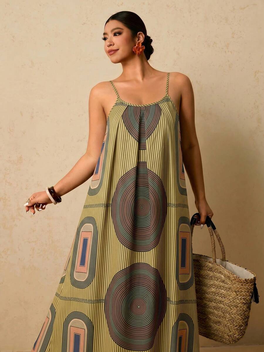 Travachic Plus Size Vacation Casual Striped Geometric Print Spaghetti Strap Dress - Multicolor - View 1