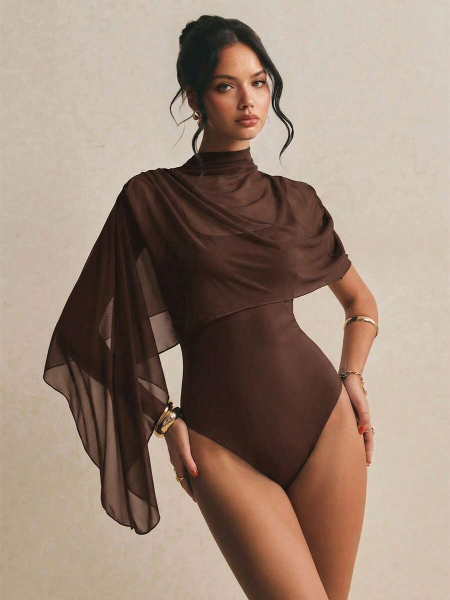 Poéselle Women's Solid Color Stand Collar Asymmetric Design Fashion Bodysuit - Chocolate Brown - View 1