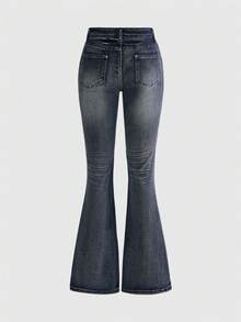 ROMWE Y2K Vintage Sexy Cross Ripped Frayed Waist Low-Rise Skinny Women Jeans, Spring/Summer - Medium Wash - View 2