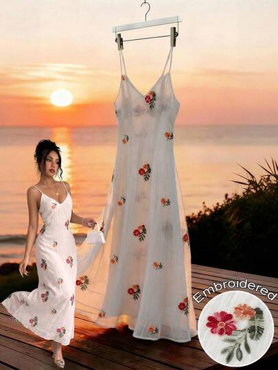 Qadelle Vestido de tirantes bordado con textura para mujer, versátil para usar en la playa y de vacaciones