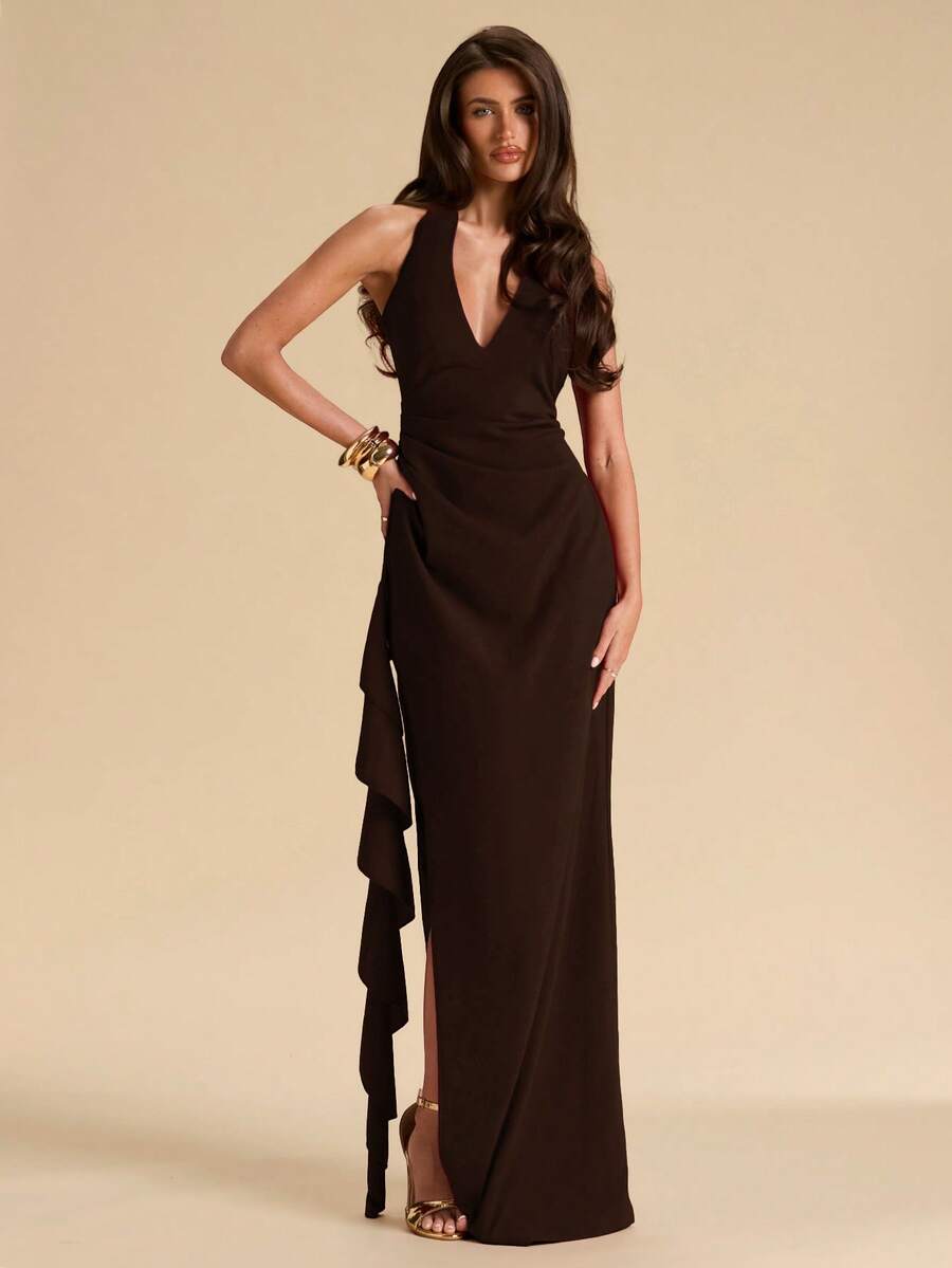 SHEIN BAE Spring & Summer Bridesmaid Dress, Deep V-Neck Halter Sexy Ruffle High Slit Ruffled Wrap Long Red Dress For Women, Elegant Ruffled Maxi V-Neck Dress For Women - Coffee Brown - View 1