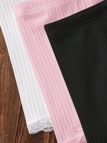 SHEIN Quần legging thoải mái cho bé gái, màu trơn, cạp chun co giãn, gân sọc, viền ren - Nhiều màu - Xem 8