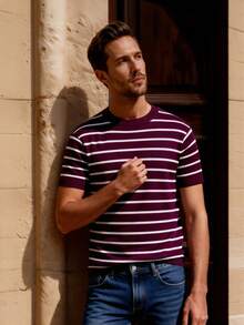 Officeau Loose Lightweight Striped Knit Crew Neck Short Sleeve T-Shirt, Casual Business Slim Fit Men's Summer Cool Tee - Red Violet - View 5