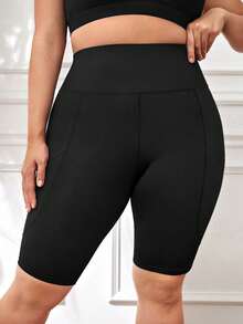 SHEIN Velisys Pantalones cortos de yoga ajustados de unicolor para mujer de talla grande - Negro - Ver 3