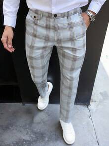Manfinity Mode 男士藍色格紋西裝長褲，修身直筒秋季商務休閒辦公長褲，商務通勤垂墜百搭長褲，禮物，男士，儀式，正式 - 淺灰色 - 查看 5