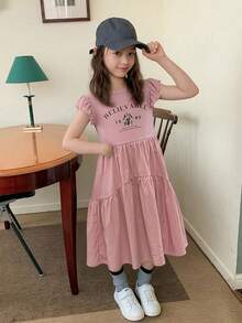 Dazy Kids 少女字母印花百褶休閒度假旅行連身裙 夏季 - 粉色 - 查看 1
