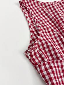 Sweetra Plus Size Women Red And White Plaid Sleeveless Tie-Front Design Waist-Cinching Slimming Fit Minimalist Kawaii Fashionable Round Neck Blouse Summer - Red and White - View 4