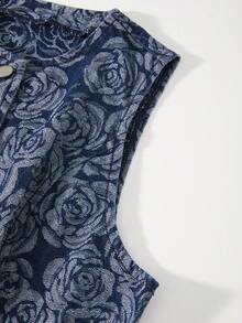 GlowEve Women's Elegant Floral Print Sleeveless Denim Vest, Suitable For Daily, Workplace And Commuting - Blue - View 6
