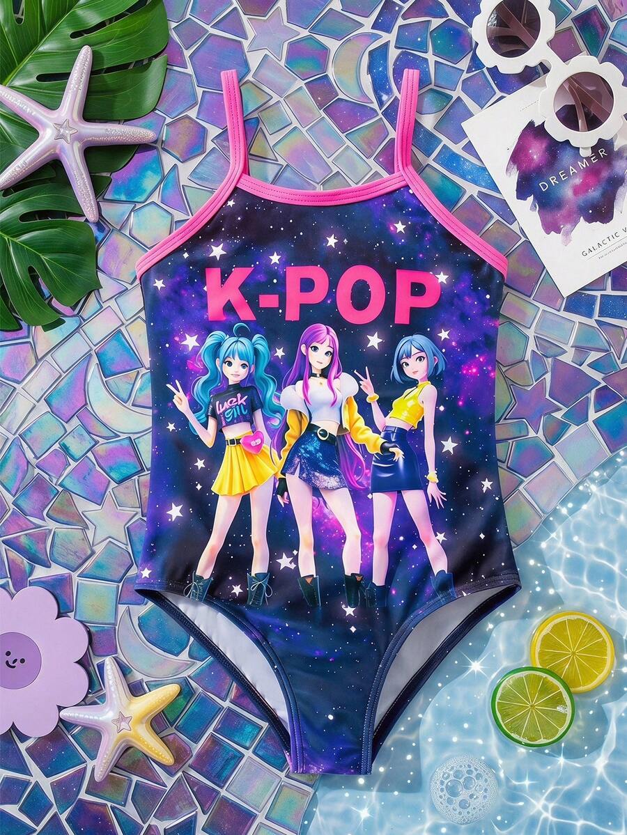 SHEIN Young Girl Summer Beach Vacation K-Pop Star Sky Print Contrast Trim One-Piece Swimsuit - Purple - View 1
