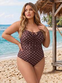 SHEIN CURVE+ Plus Size Vacation Beach Polka Dot Print Spaghetti Strap One Piece Swimsuit - Brown - View 5