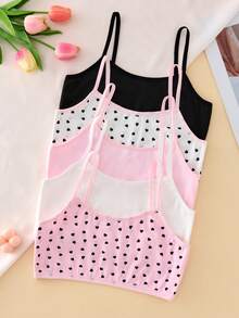 5 piezas/Set Camiseta interior corta de tirantes para niñas preadolescentes, dulce, con estampado de corazones en toda la prenda, simple, esencial y de moda - Multicolor - Ver 1