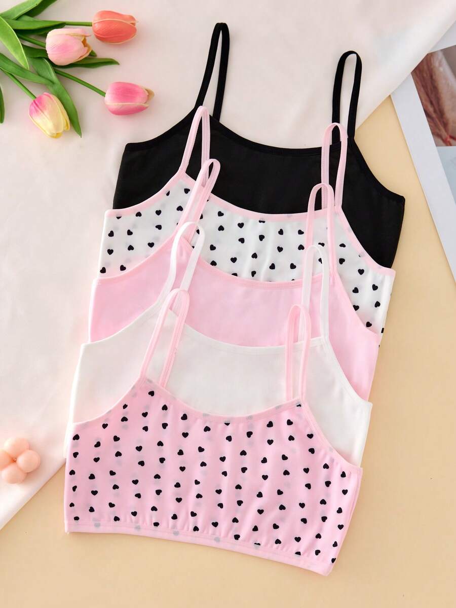 5 piezas/Set Camiseta interior corta de tirantes para niñas preadolescentes, dulce, con estampado de corazones en toda la prenda, simple, esencial y de moda - Multicolor - Ver 1