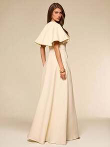 SHEIN BAE Apricot Deep V-Neck Ruffle Shoulder Fitted Long Elegant Umbrella Skirt, Spring/Summer - Apricot - View 5