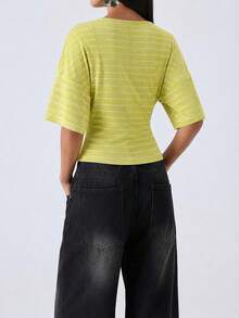 LYSMO Áo thun nữ cổ chữ V phối màu sọc, phong cách casual đa năng mặc hàng ngày đi chơi - Nhiều màu - Xem 2