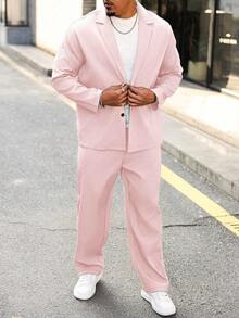 Manfinity CasualCool Plus Size Men's Solid Color Lapel NeckLong Sleeve Jacket And Pants Casual Suit - Pink - View 5
