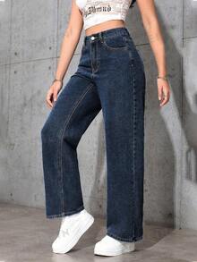 SHEIN Unity Women's Solid Color Casual Denim Jeans - Dark Wash - View 6