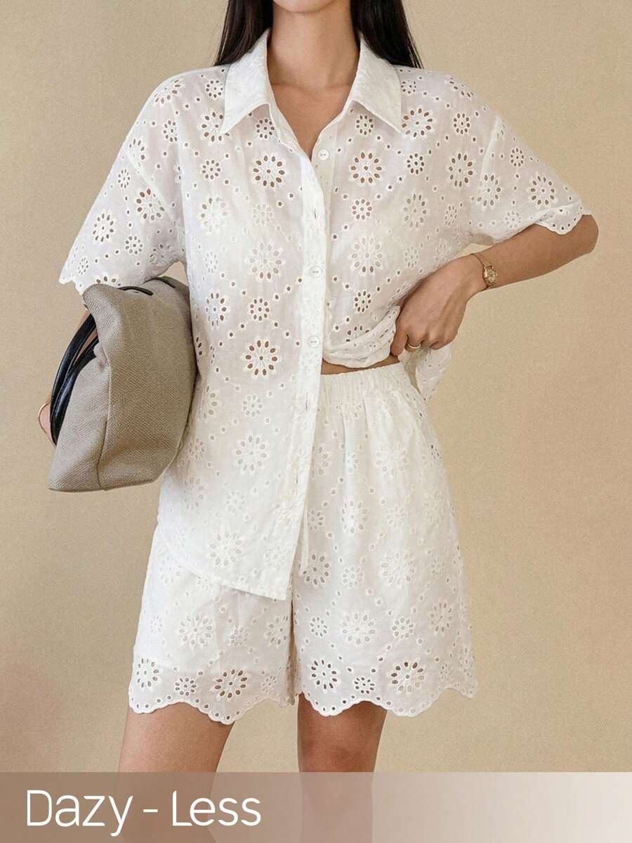 Dazy-Less Bộ đồ nữ 2 món gồm áo và quần short thêu họa tiết, thích hợp cho mùa xuân và mùa hè. - trắng - Xem 1