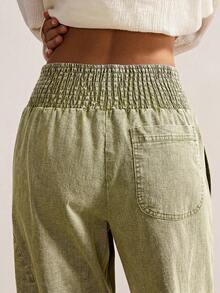 Bohemela Herbst/Winter Boho Lässig Einfarbig Gewebte Lockere Tief sitzende Damen Lange Hose - Olivgrün - Übersicht 6