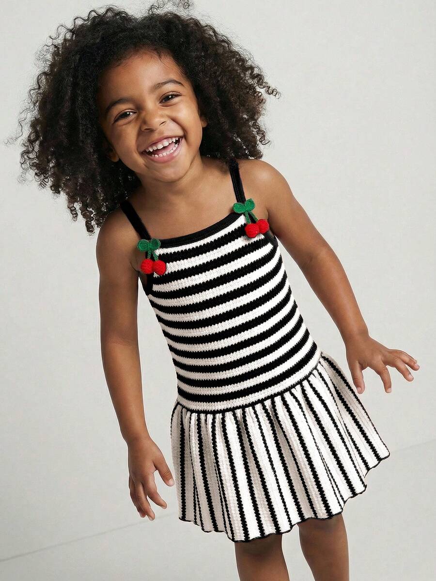Maija Kids Maija Kids 1件少女休閒優雅精緻寬鬆黑白條紋細肩帶洋裝,適合日常穿著、返校、外出、聚會、假日派對、春夏季 - 黑色 - 查看 1