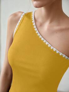 MOTF PREMIUM WOMEN'S SUMMER CASUAL VACATION CONTRAST TRIM ONE SHOULDER FITTED TOP - Ginger - View 3
