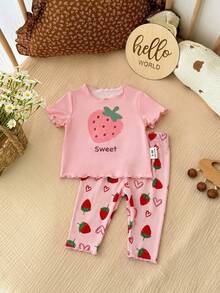 SHEIN Two Pieces Set Of Newborn Baby Girl Strawberries Print T-Shirts And Shorts, Perfect For Summer. - Baby Pink - View 6